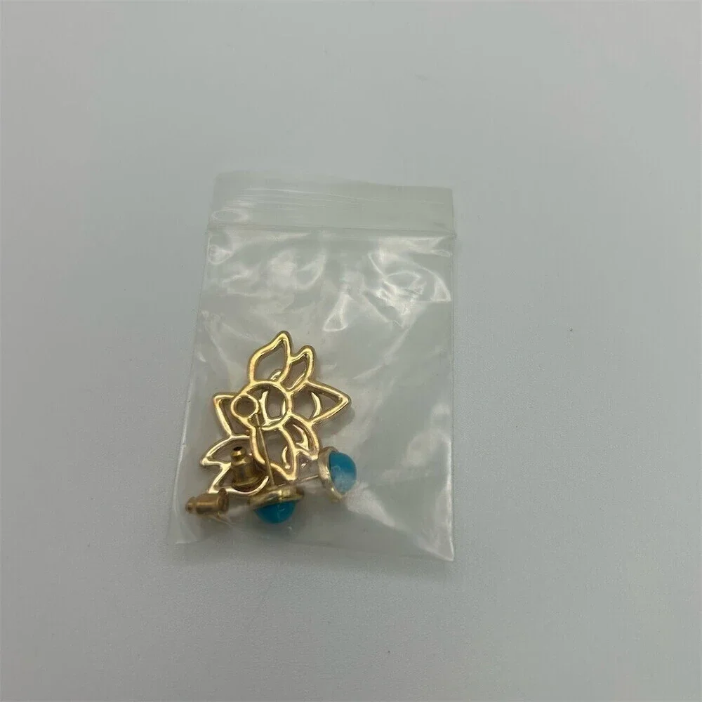 Gold Tone Lotus Flower Ear Jacket Pierced Stud Earrings Turquoise Blue Color